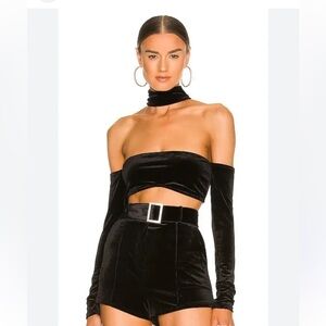 NBD Black Velvet Off-Shoulder Crop Top with Choker